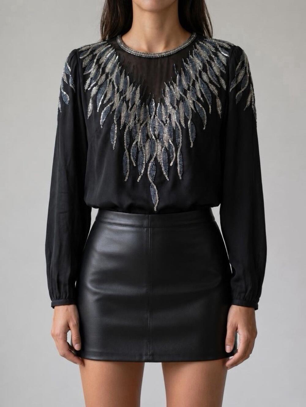 VTG 1980’s Argenti 100% Silk Black Beaded Sequin Blouse Top Women’s M Evening